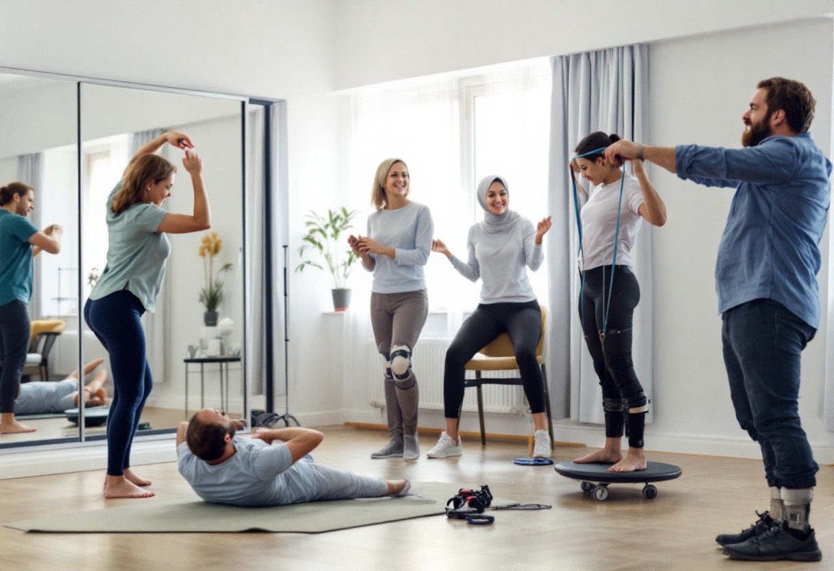 An image depicting a diverse group of adults participating in a physical therapy session, focusing on exercises to relieve back pain.