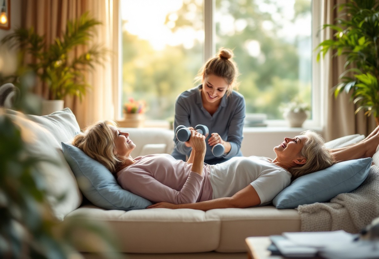 Image of a serene, home-based physical therapy session with a patient performing back-strengthening exercises under the guidance of a therapist.