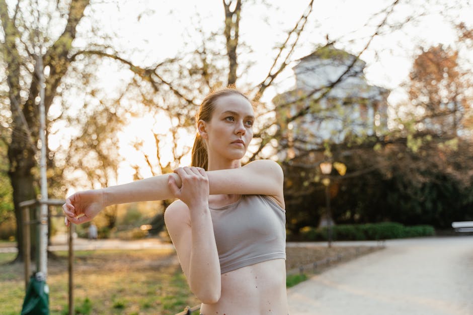 A dynamic image showing a person doing stretching exercises at home to alleviate chest muscle strain, reflecting a serene living environment.