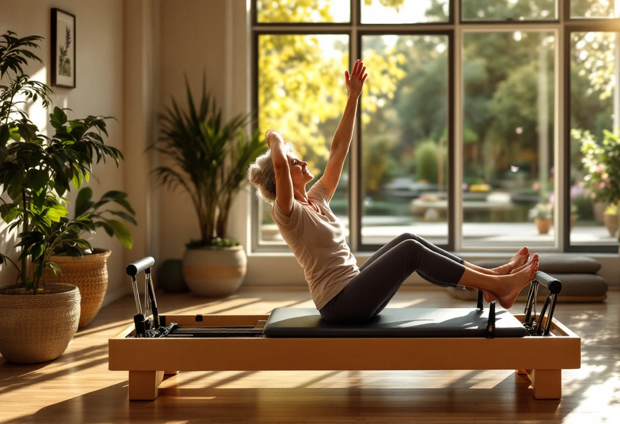 A serene Pilates studio with a senior adult practicing a gentle stretch, highlighting the calm atmosphere and focus on recovery.